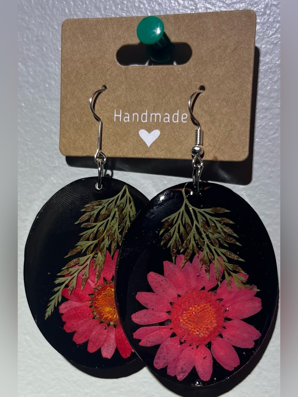 Handmade Pink Floral Resin Drop Earrings